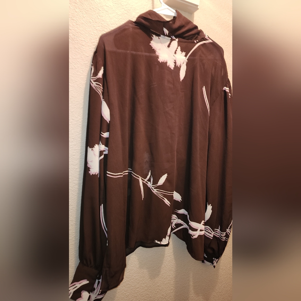 Worthington Brown Floral Blouse with Bow